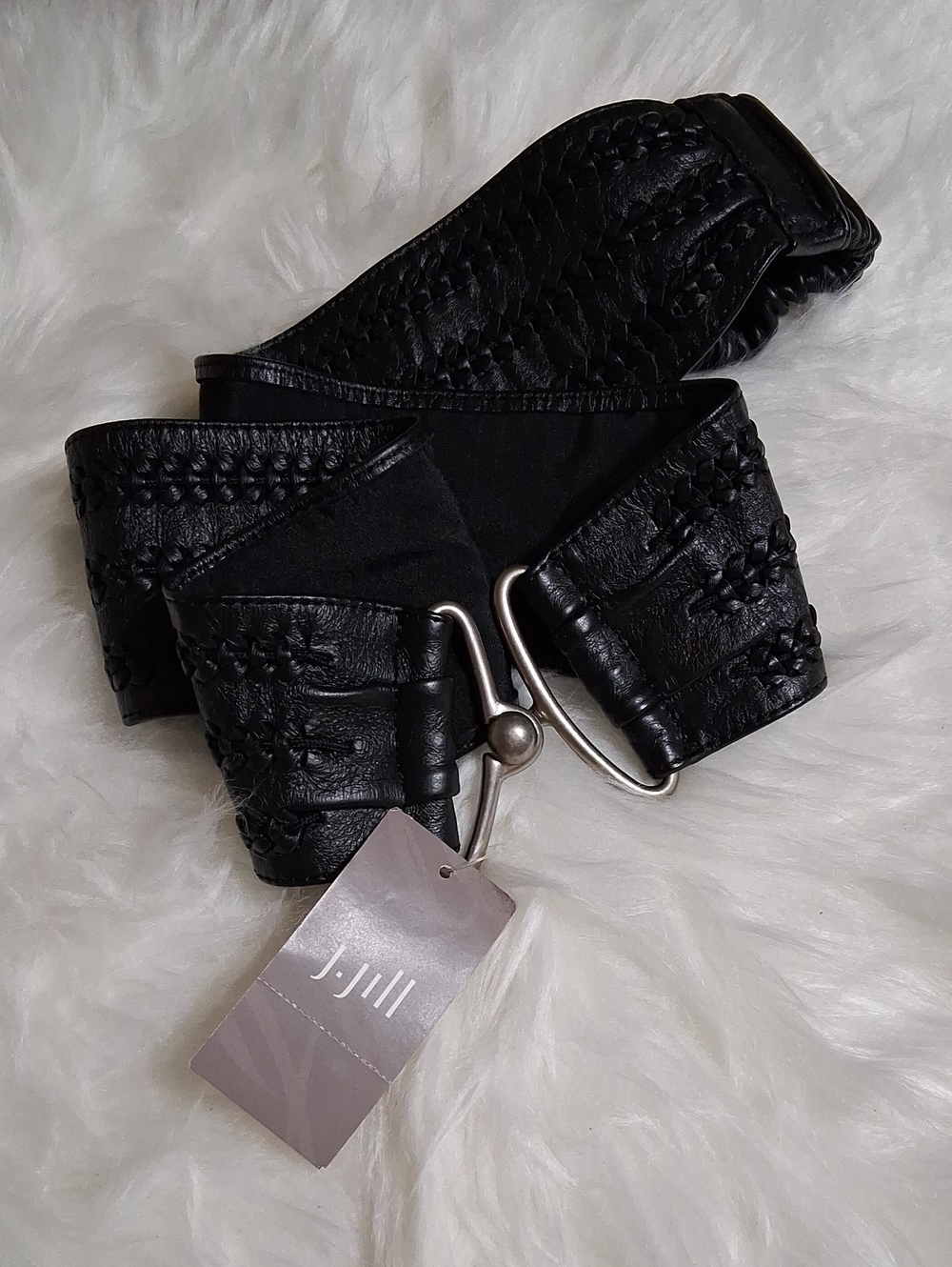 NWT J. Jill Black Braided Wide Stretch Belt with Silver Hook-Large